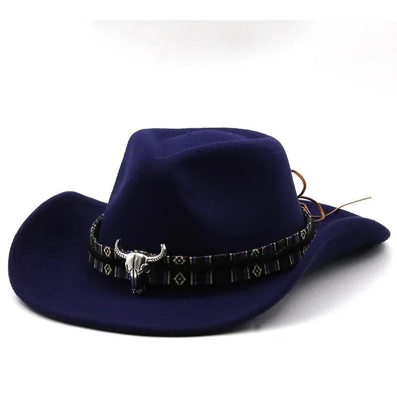 Fashion Western Cowboy Hat with Cow Head Band Wide Brim Hats Pop Jazz Hat Winter Men Women Jazz Wool Hats Cow Girl Hat LS