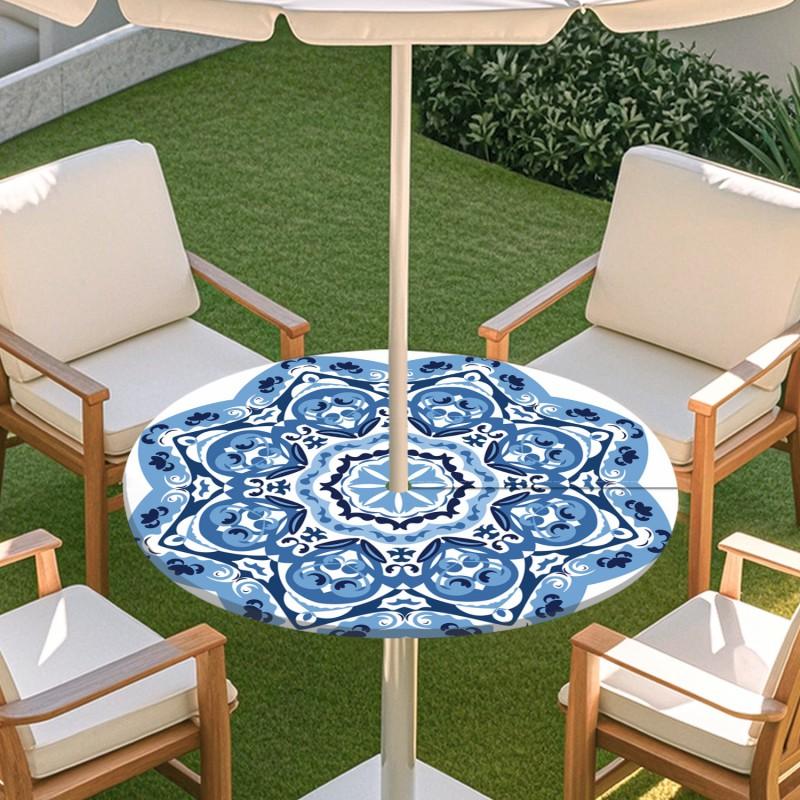 Outdoor Round Table Cover With Geometric Waterproof Elastic Hem Patio Garden Deck