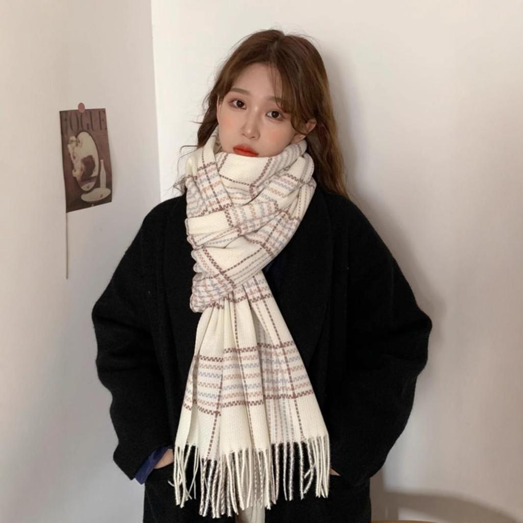 Korean plaid scarf women's autumn and winter atmosphere versatile college style imitation cashmere student couple scarf gift tide