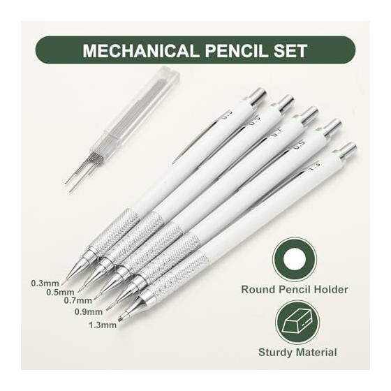 PATIKIL 2pcs 1.3mm Mechanical Pencils, Automatic Metal Holder Drafting Sketch Woodworking Pencils, White, Wear-Resistant, Sturdy, Waterproof,