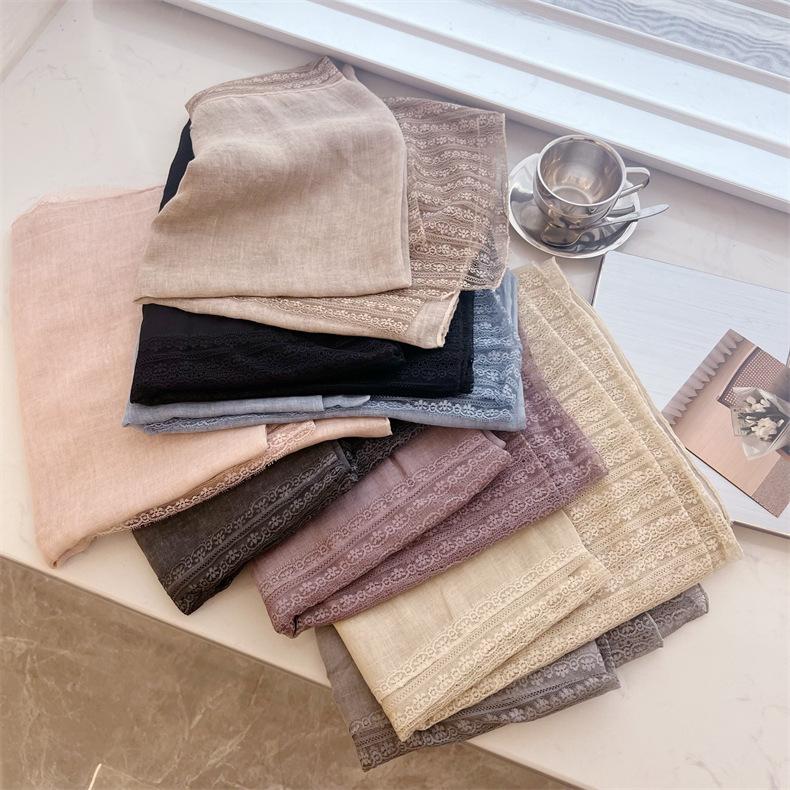 Korean Style Literary Linen Color Cotton Linen Thin Scarf Fashionable Women's Outer Shawl Spring and Summer Fashionable Solid Color Lace Scarf