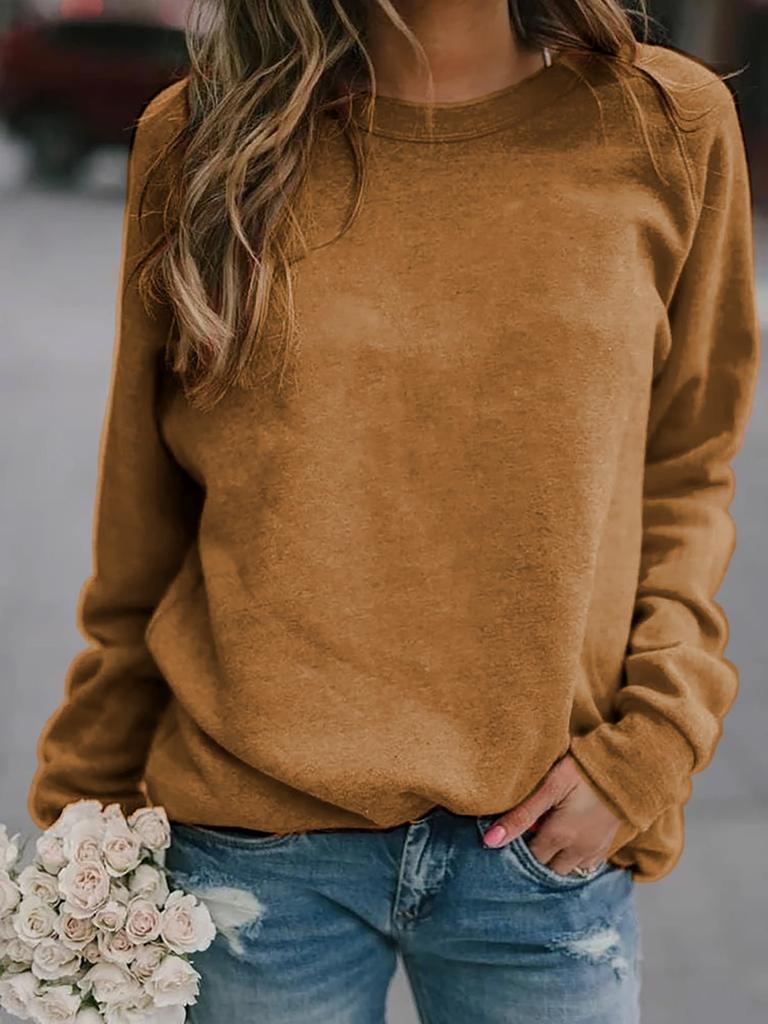 Women's Crew Neck Long Sleeve Cotton Blend Top Loose Fit Casual Style Solid Color Sweatshirt Tee