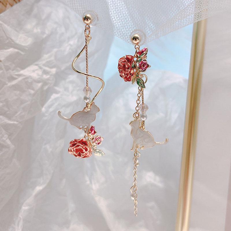 Vielseitige Damen-Ohrringe mit roter Rose, Strass und Quaste