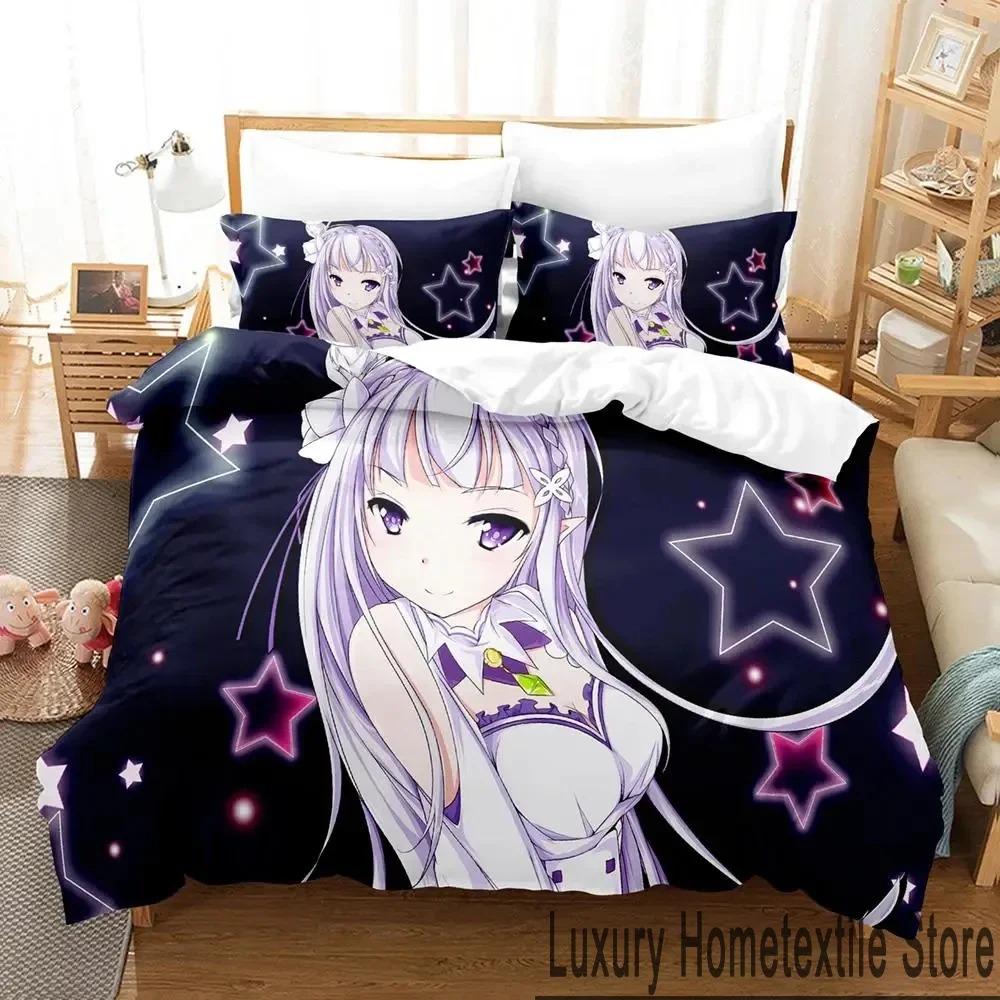 3D Anime Re Zero Rem Ram Emilia Bedding Set Duvet Cover Bed Set Quilt Cover Pillowcase Comforter King Queen Size Boys Adult