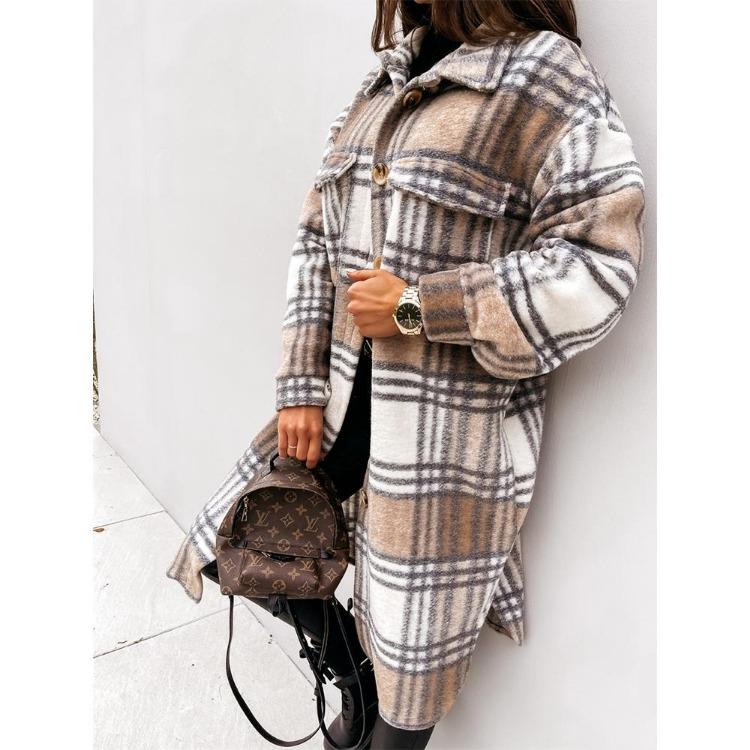 Damen Langer Wollmantel Karomuster Mode Langarm Knopf Revers Büro Damen Mittellanger Mantel