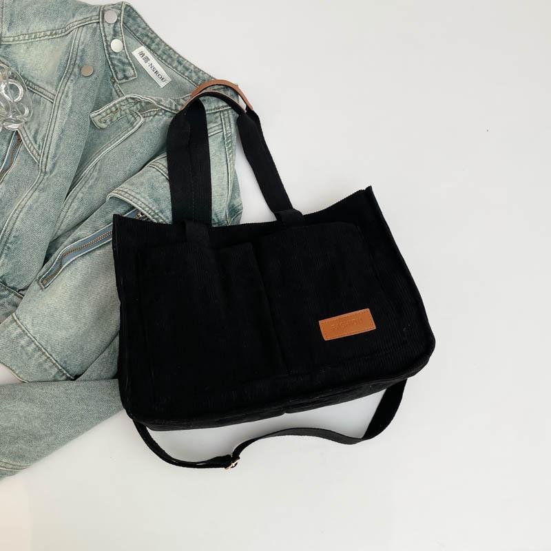 

Вельветовая холщовая сумка Студенческая сумка для поездок большой вместимости Женская сумка-тоут Наплечная сумка через плечо чёрный