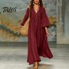 Polyester Dress Women Women's Deep V Neck Maxi Dress, Puff 3/4 Sleeve Retro Style A-Line Flowy Casual Loose Boho Beach Sundress Everyday Wear