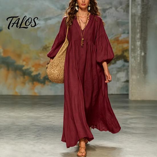 Polyester Dress Women Women's Deep V Neck Maxi Dress, Puff 3/4 Sleeve Retro Style A-Line Flowy Casual Loose Boho Beach Sundress Everyday Wear