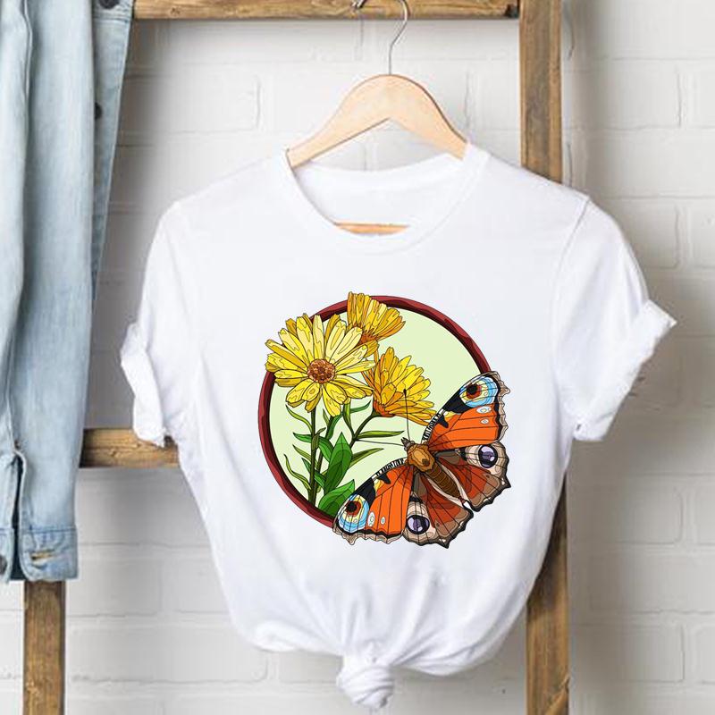 Kläder Fritidströja Kortärmad Söt fjäril Trend Söt T-shirt med tryck för kvinnor Sommarmode T-shirt Dam Kvinnlig Grafisk T-shirt
