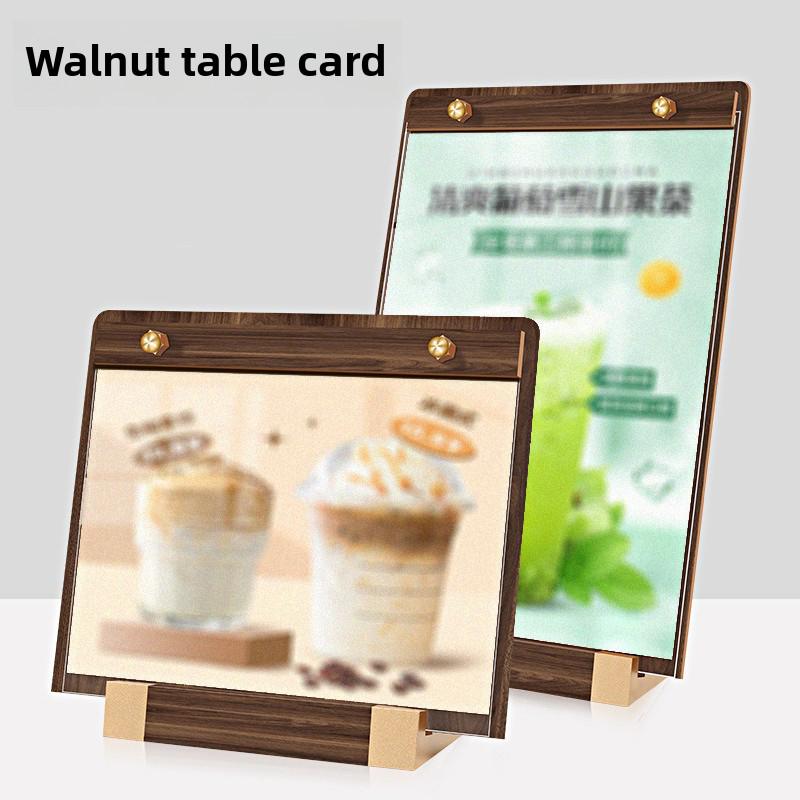 1PC Transparent Panel Price Display Board Walnut Wood Base Restaurant Tent Sign Holder Signs With Metal Finish Dinner A4 A5 A6
