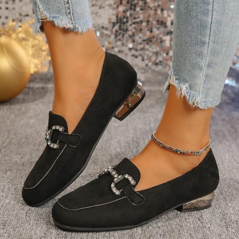 Fashion 2024 Brand Slip on Women's Flats Autumn Square Toe Solid Flock Metal Decoration Low-heeled Casual Shoes