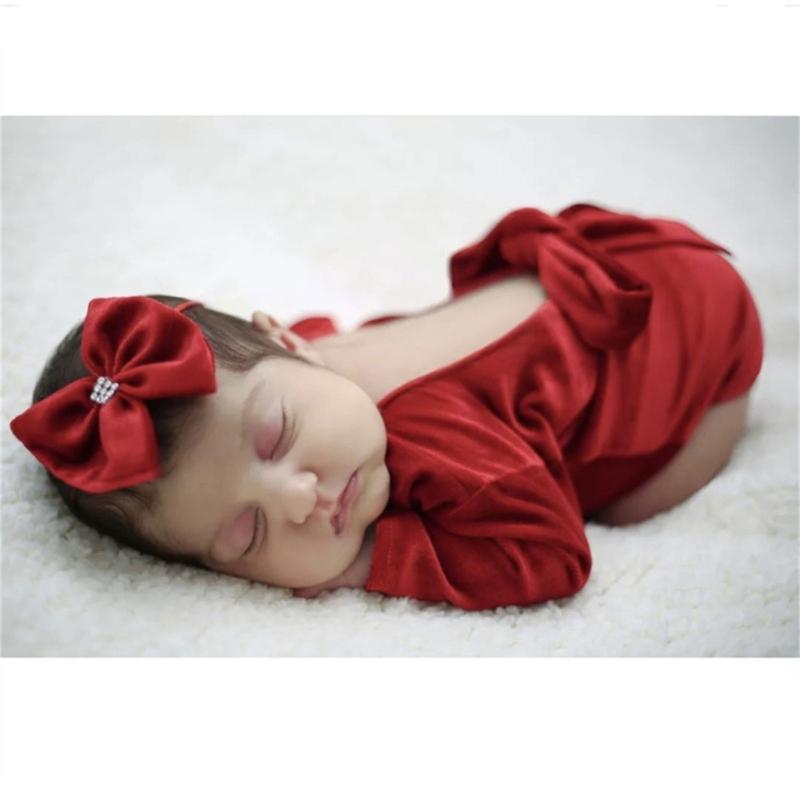 Baby Girls Photo Clothes Long Sleeve Jumpsuit Newborn Costume OnePiece Romper Bowknot Headband Infant Photo Outfit 2pcs