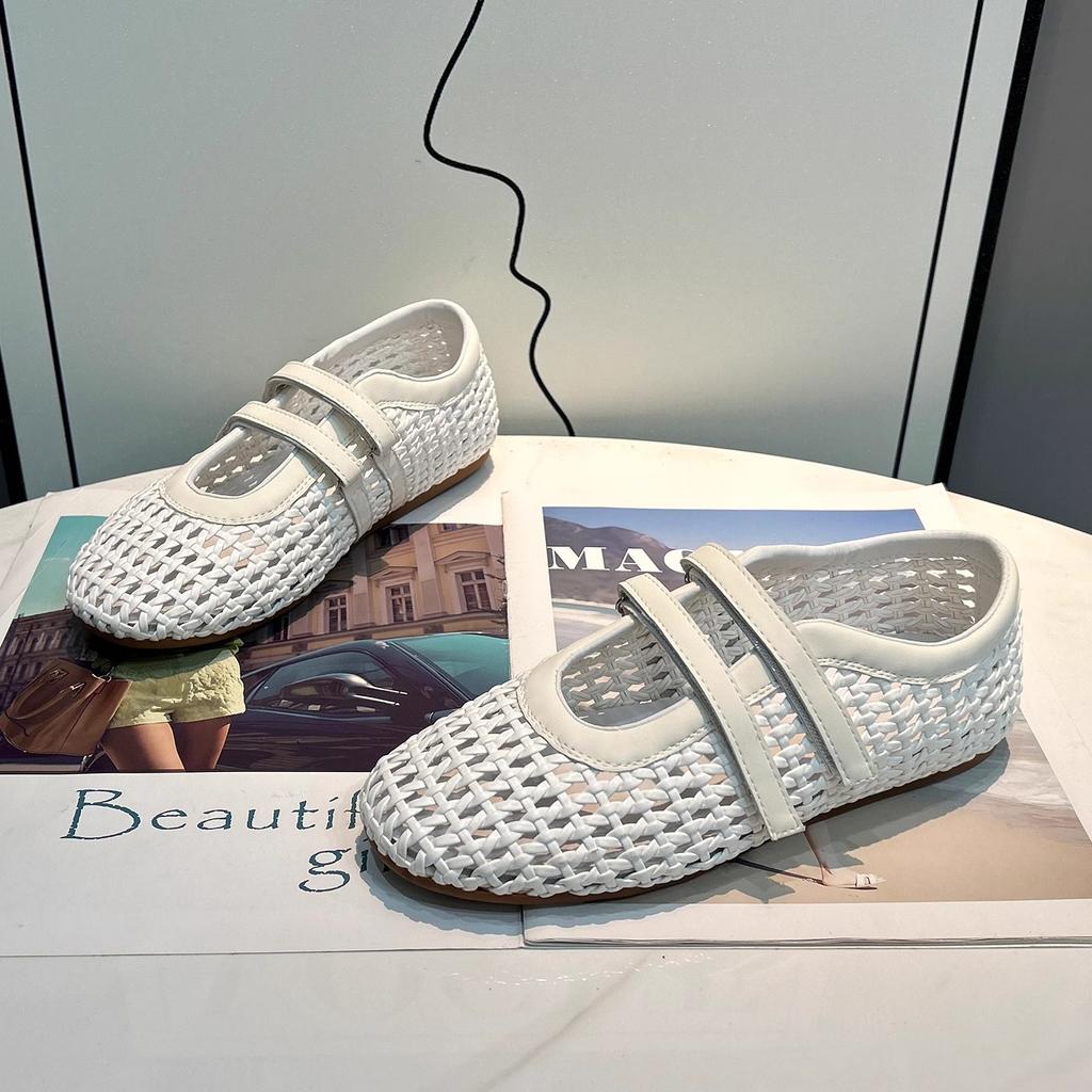 Woven Hollow Mary Jane Sandals Women's 2025 Summer New Mesh Breathable Velcro Shallow Mouth One Pedal Single Shoes