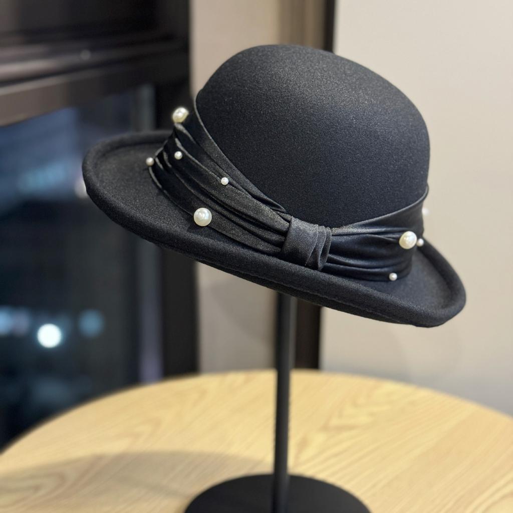 Pearl Hat Basin Hat Retro Hepburn Style Small Brim Fisherman Hat High End Elegant Lady's Woolen Hat