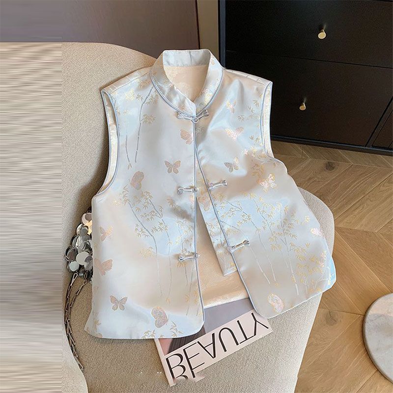 Jacquard disc buckle stand-up collar vest women's new high-end vest shoulder vest