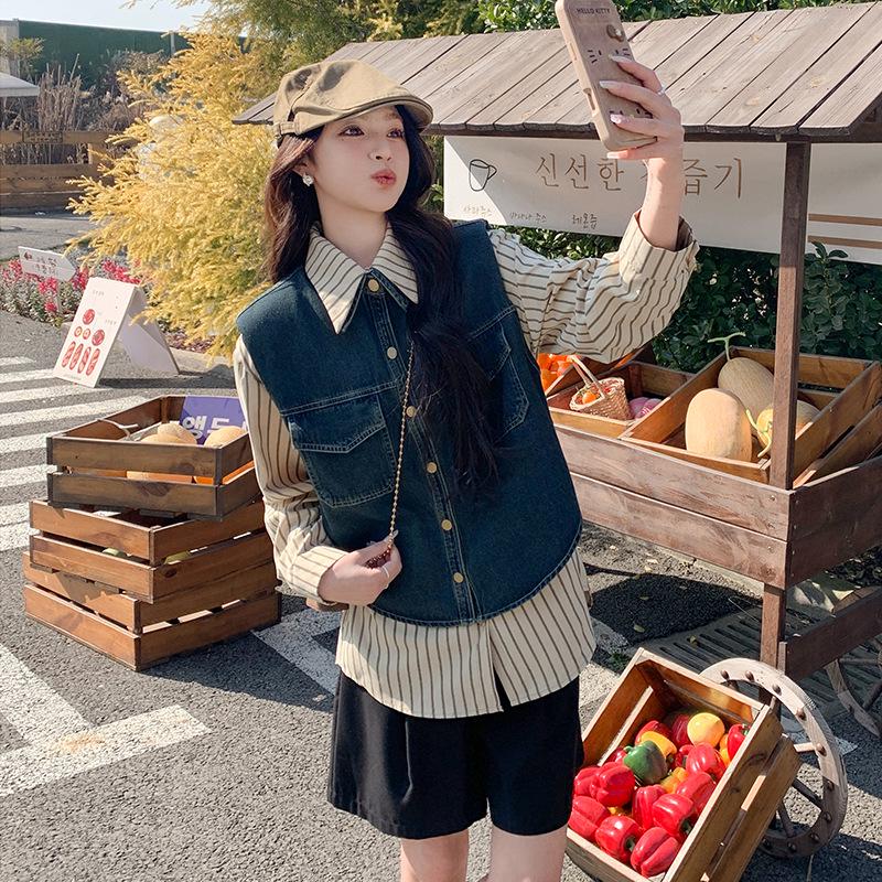 

Весна 2025 Двухпредметный комплект: джинсовый жилет и полосатая рубашка M (45-55 kg)