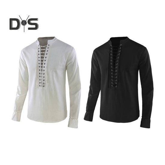 Весна Осень Мужская Рубашка На Шнуровке Воротник-стойка Длинные Рукава Однотонный Цвет — фото 9