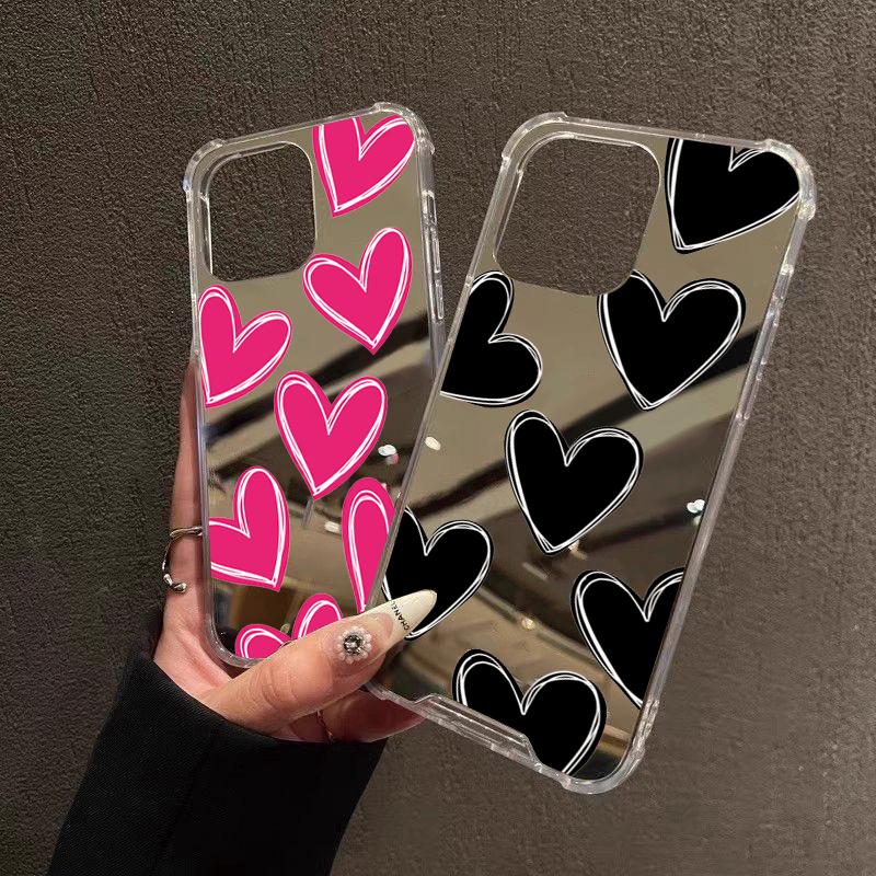 Luxury Love Heart Mirror Phone Case For 16 15 14 13 12 11 Pro Max XS X XR 7 8 Plus Make Up Mirror Shockproof Soft Cover