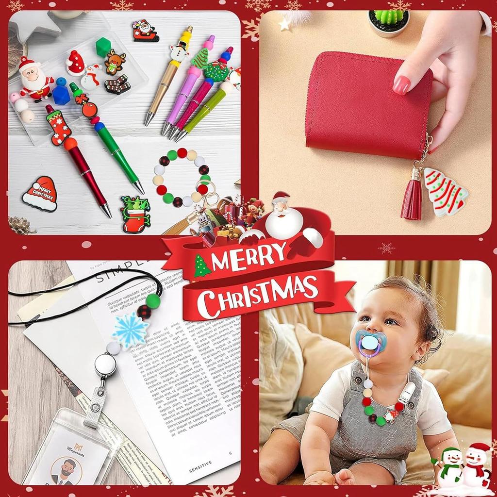 LiQunSweet 15 Pcs 15 Styles Christmas Theme Silicone Beads Santa Claus Tree Socks Snowman Snowflake Beads for DIY Jewelry Keychain Pen Craft