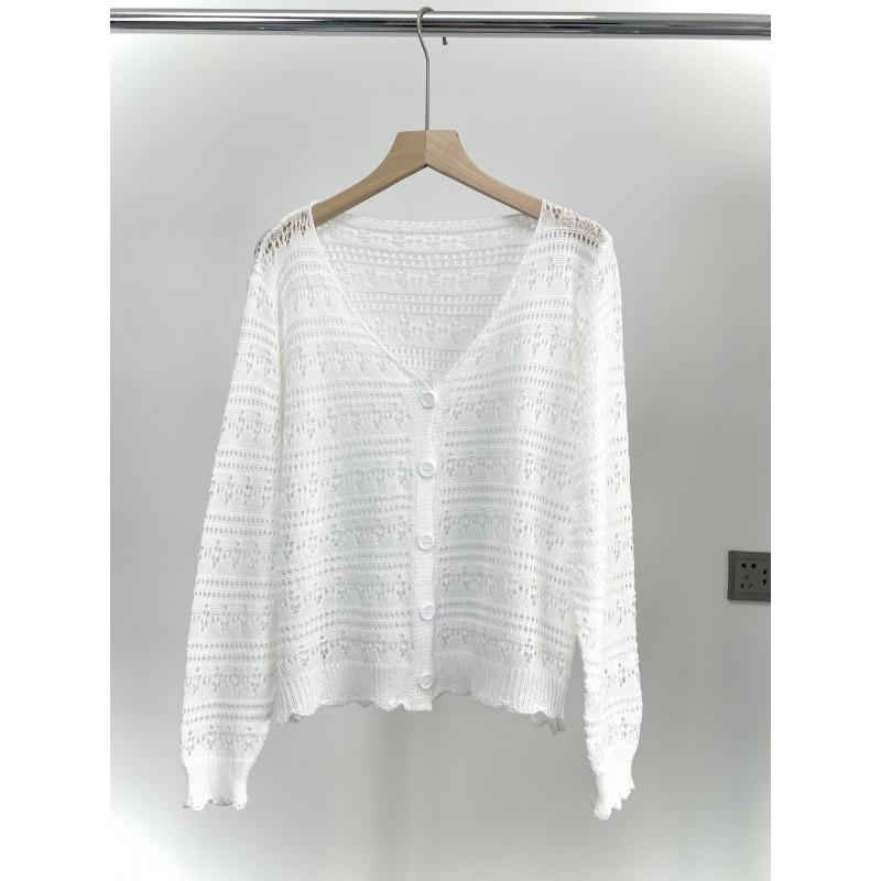 Lightweight Crochet Knit Cardigan With Buttons Sheer Mesh Cover-Up Beach Casual Wear