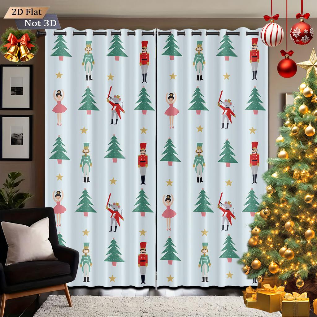2Pcs Merry Christmas Nutcracker Printed Blackout Curtains Multi Size Living Room Insulation Holiday Decoration Easy To Install