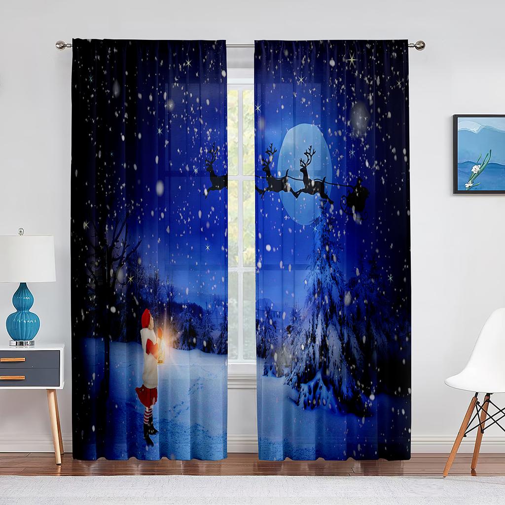 Christmas Scenery Santa Delivering Presents Sheer Voile Curtain Elk Window Tulle Curtains for Living Room Kitchen Bedroom Decor