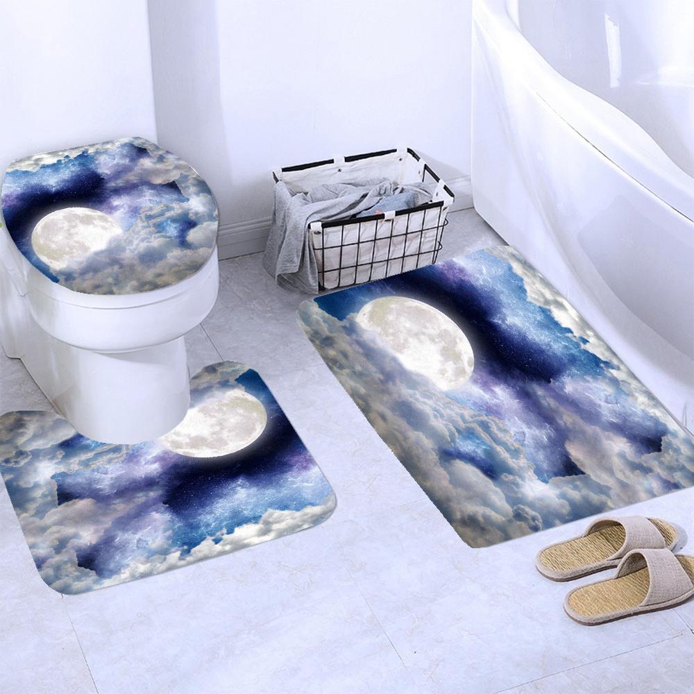 Waterproof Shower Curtain Set Moonlight Sea Starry Sky Scenery Bath Rug And Mats With Hooks Toilet Seat Cover Bathroom Decor