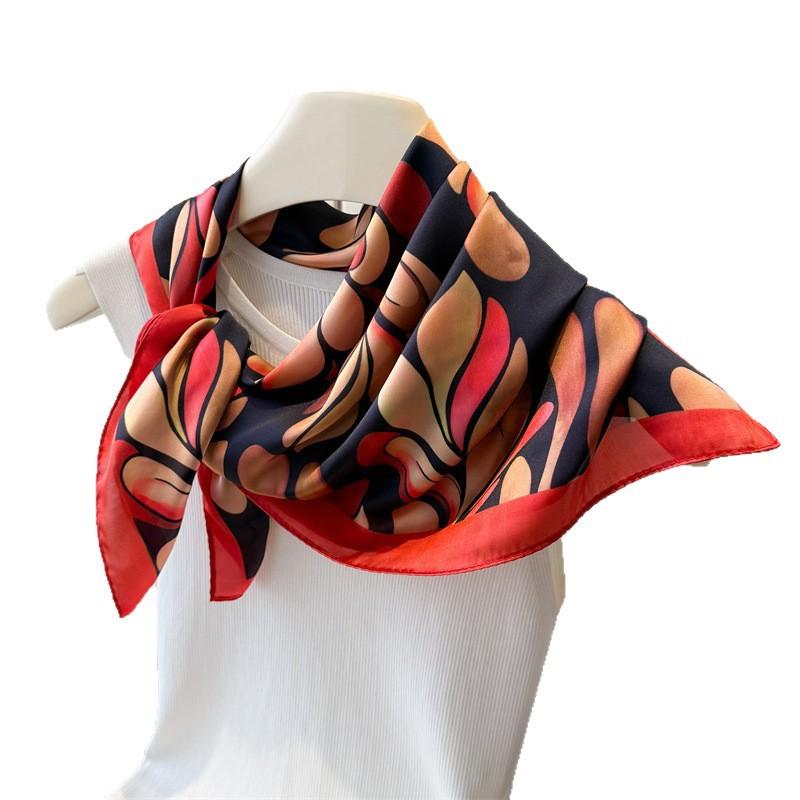 Soft Leaf Print Elegant High-end Silk Scarf Imitation Square Shawl Versatile Neck Small Women