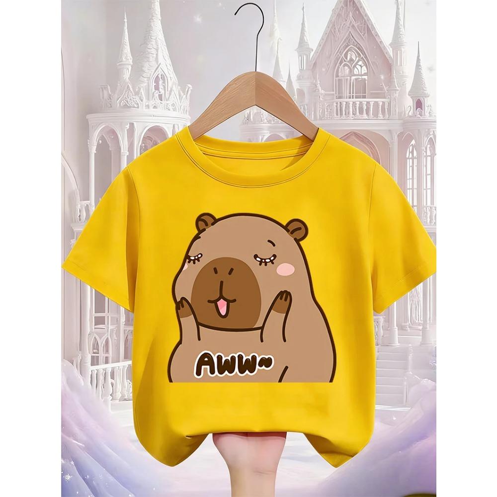 Cute Kawaii Capybara Crew Neck T Shirt Summer 3-14Y Boys Girls Fashion Street Hot Cartoon Casual Children