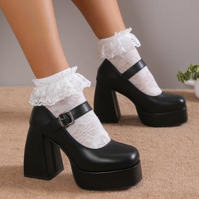 Mary Jane Single Shoes Women's Platform Korean Version Retro High-heeled College British Style Big Head Buckle Small Leather Shoes