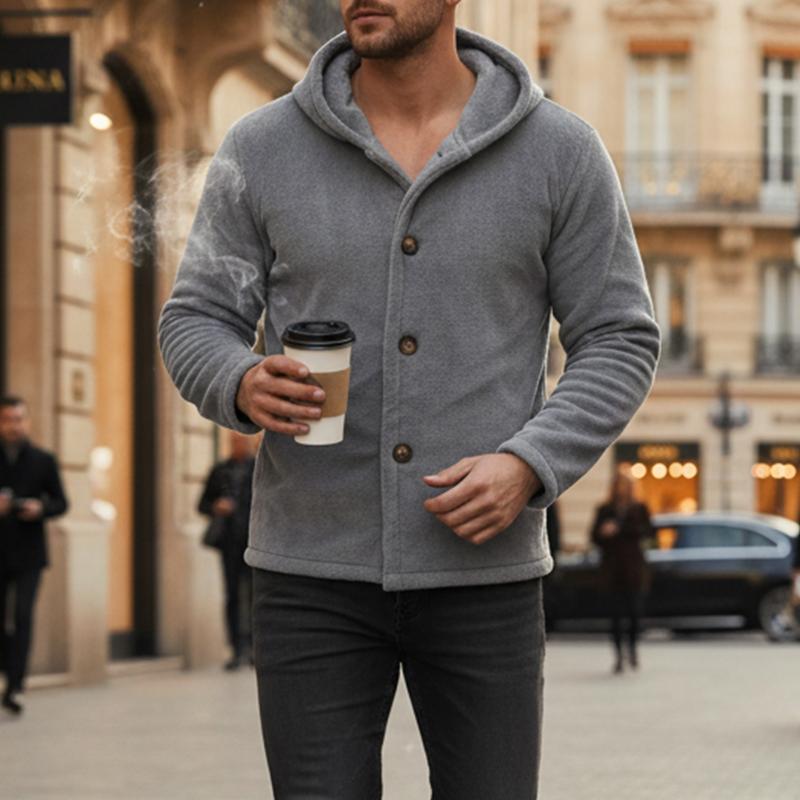 Men's Fleece Hooded Cardigan Casual Button Up Long Sleeve Warm Knit Jacket For Daily Wear