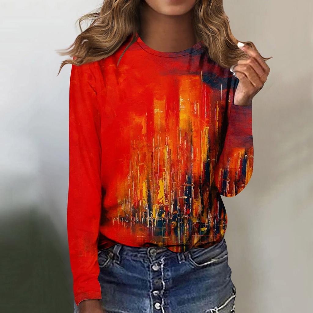 Damenmode, lässig, langärmelig, bedruckt, Rundhalspullover, Top-Bluse