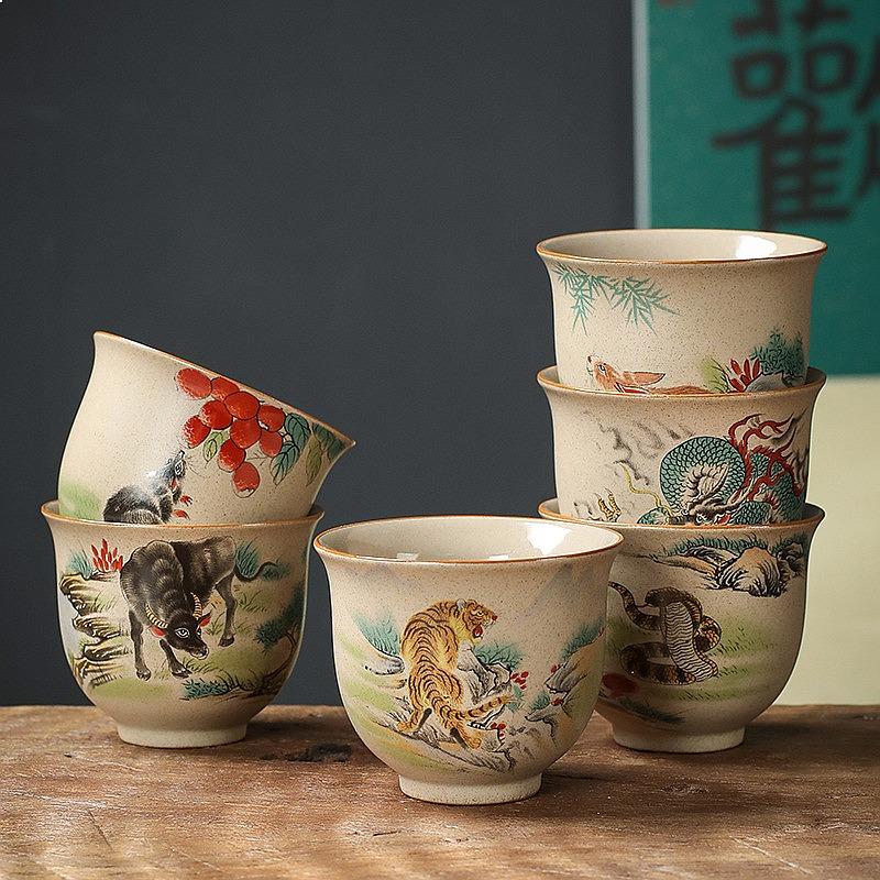 Coarse Pottery Tea Set Twelve Zodiac Tea Tasting Cups Retro Chinese Kung Fu Single Master Cup Tea Cup Set Chinese Tea Set