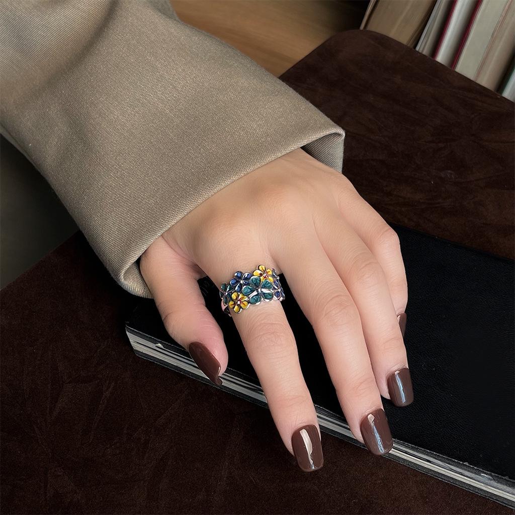 Retro Blue Enamel Drip Glaze Floral Adjustable Ring for Women