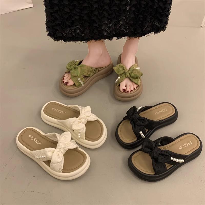 Bow Pearl Slippers Women's Summer New Outer Wear One-word Soft-bottom Sandals