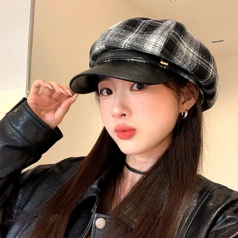 Leather brim retro plaid octagonal hat children autumn and winter face little beret temperament versatile duck tongue newsboy hat