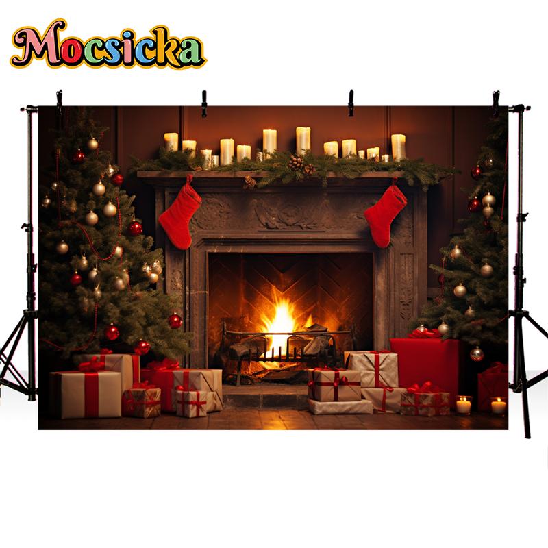 Mocsicka Christmas Fireplace Photography Background Xmas Tree Gift Decoration Kids Birthday Portrait Backdrop Photo Studio Props