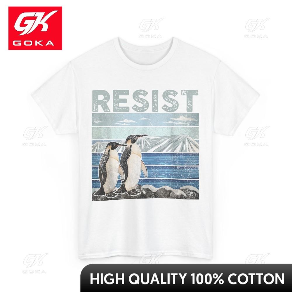 

Resist Penguin Activism Tshirt Penguin No Tariffs Fun Cartoon Crewneck Short Sleeves Pure Cotton Casual Top Casual Wear S