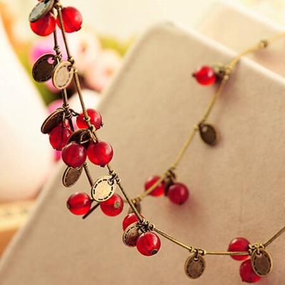 Vintage Forest Girl Bohemian Cherry Necklace Sweet Stylish Red Cherry Bracelet Earrings Set
