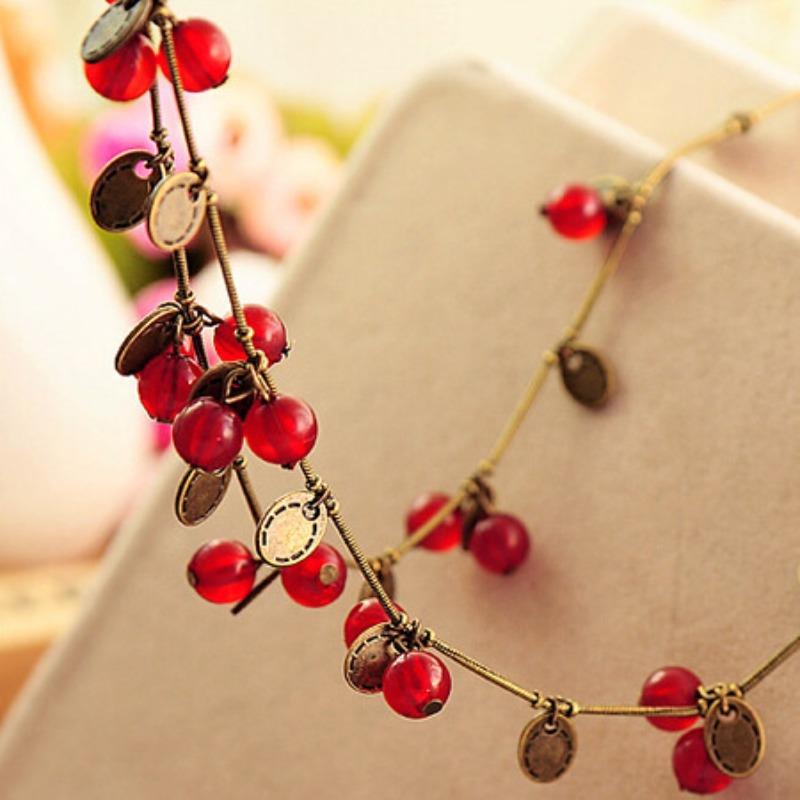 Vintage Forest Girl Bohemian Cherry Necklace Sweet Stylish Red Cherry Bracelet Earrings Set