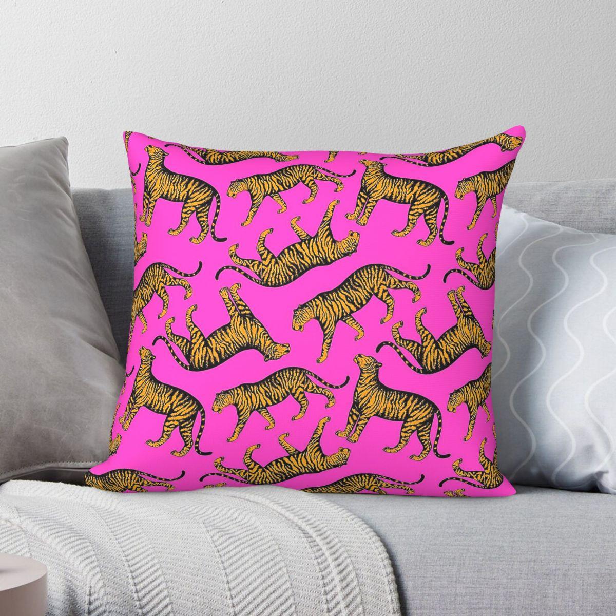 Exquisite Ornaments Unisex Magenta Tigers And Marigold Square Pillowcase Polyester Linen Velvet Creative Zip Decor Home Cushion Cover