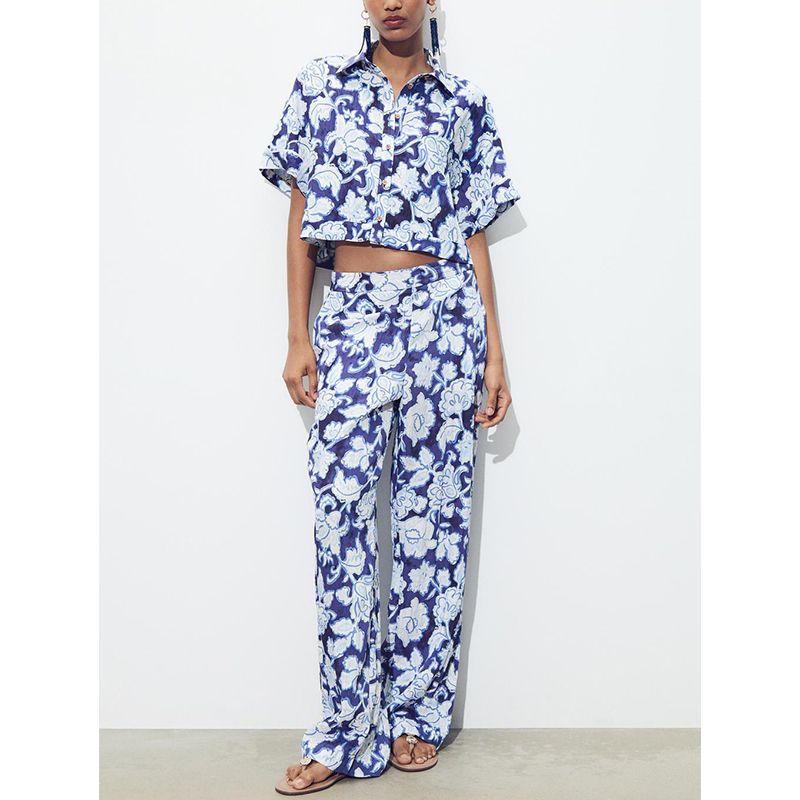 Summer Women's Flower Print Short Sleeve Lapel Short Shirt 3149596 Loose Casual Trousers 2657596