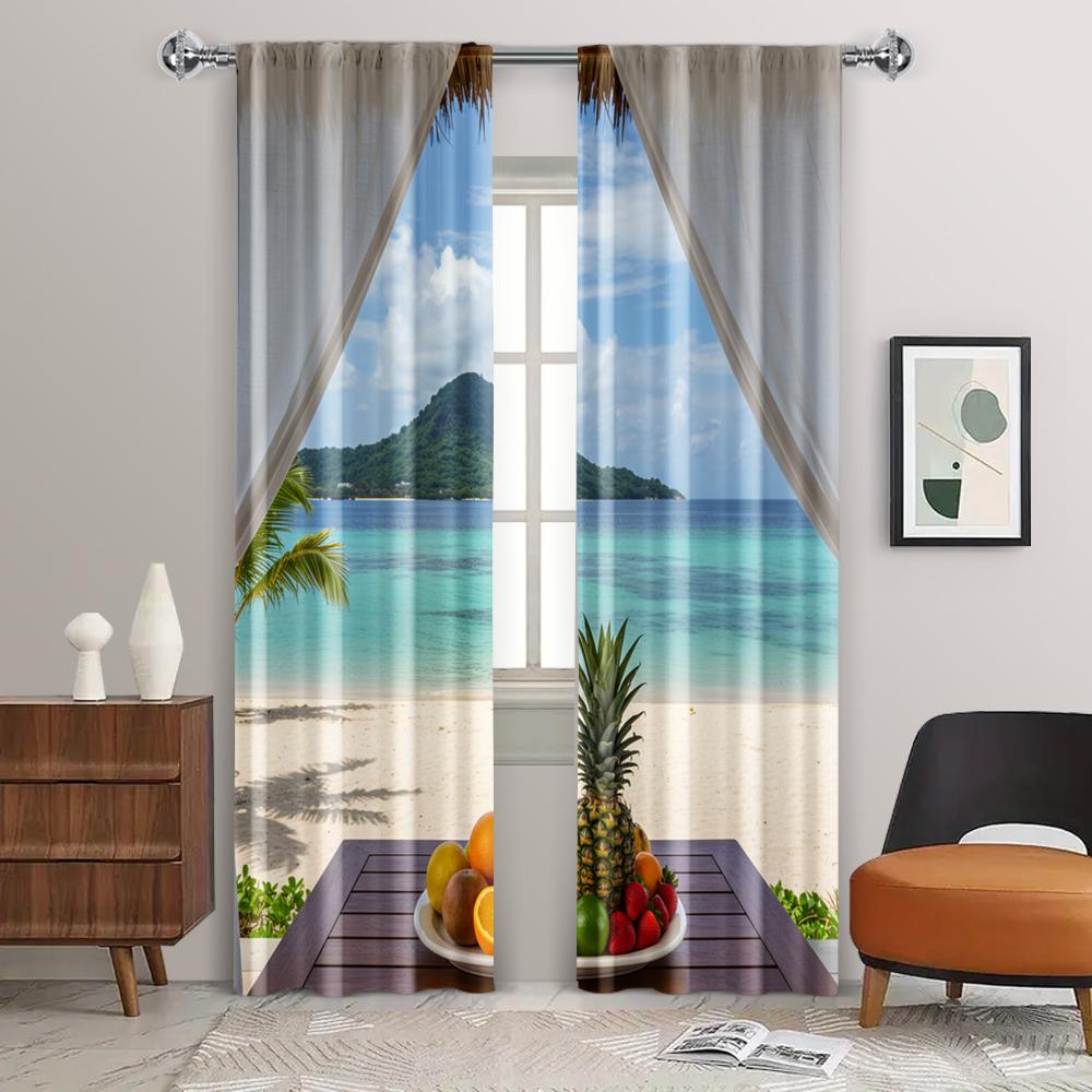 2pc   Curtain tropical beach Versatile 100% Polyester  Without Electricity Holiday Decorations Use for Indoor Celebrations   Room