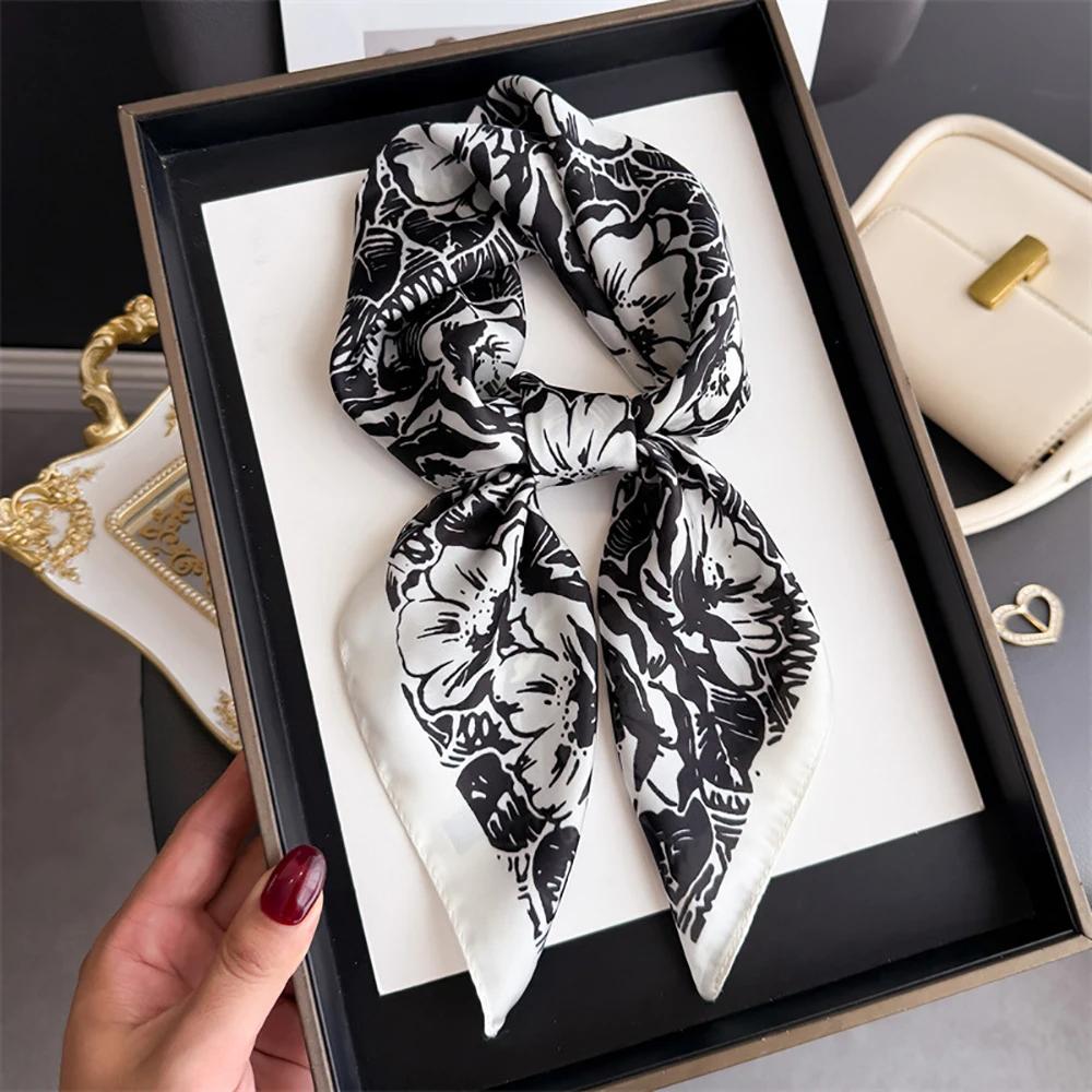 Luxury Fashion 70cm Floral Print Square Scarf for Women Hair Hand Neckerchief Wrist Hijab Wraps Lady Shawl Bandanna