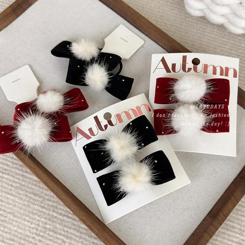 2PCS/set Christmas Red Bows Hair Clip for Girls Kids Cute Pompoms Hair Ties Baby Velvet Bow Hairpin New Year Hairbands Gift