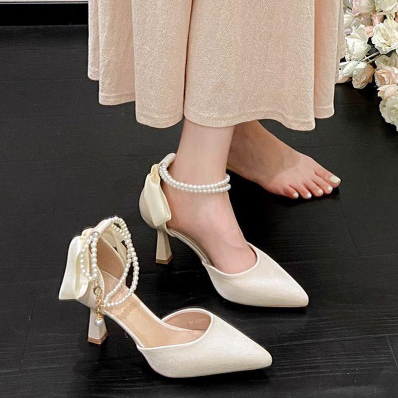 Bow Temperament Fashion Thin Heel Sandals Women 2025 New Korean Version Fairy Style Pearl Lace-up Pointed High Heels