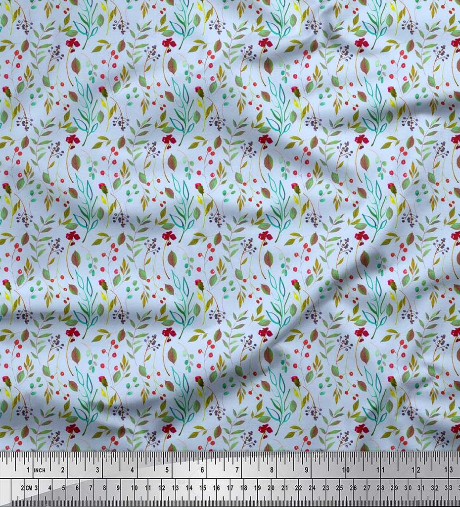 Soimoi Blue Japan Crepe Satin Fabric Red Berries & Beech Leaves Print Fabric by the Metre 42 Inch