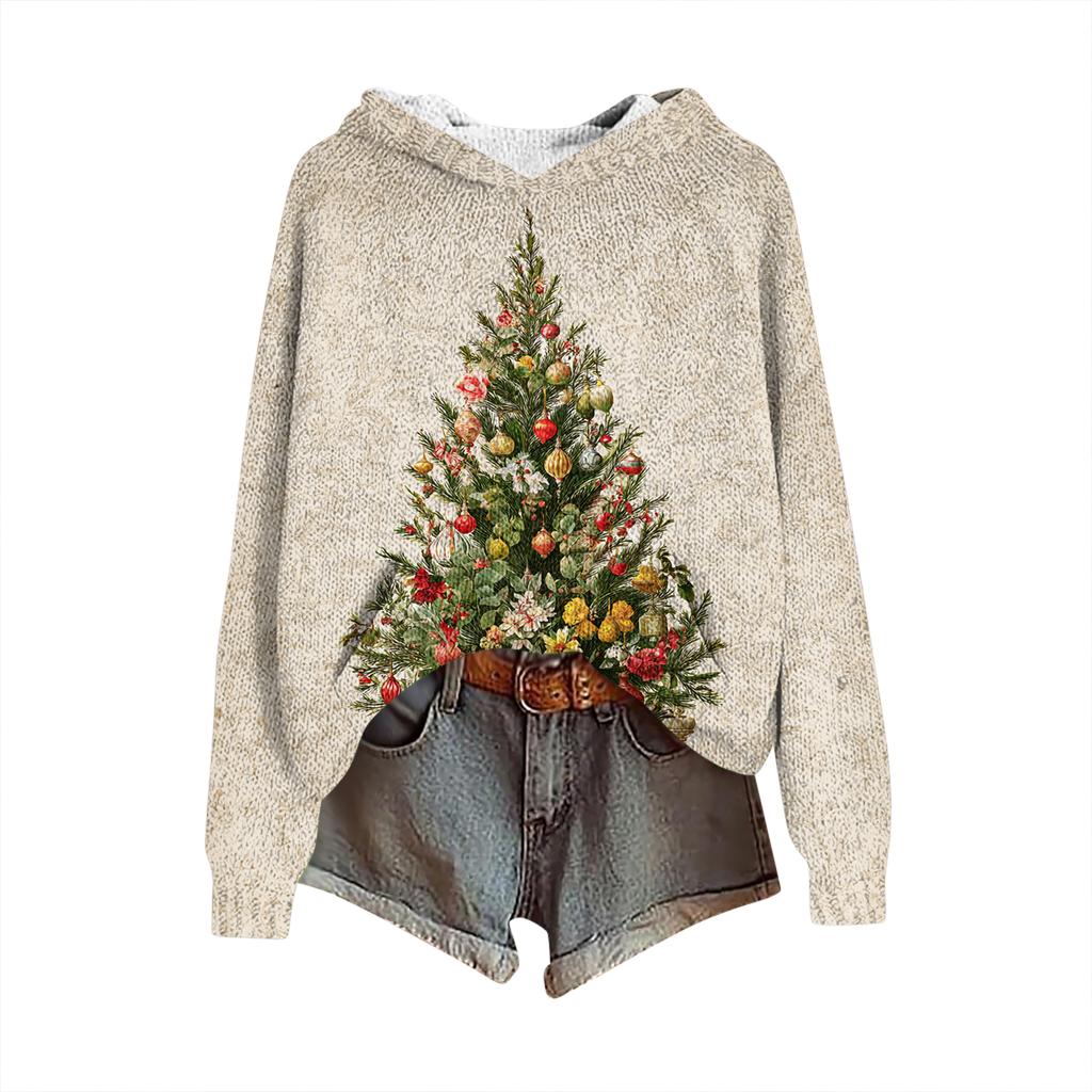 Women's Fashion Casual Long Sleeve Christmas Print Hooded Knitted Sweatshirt