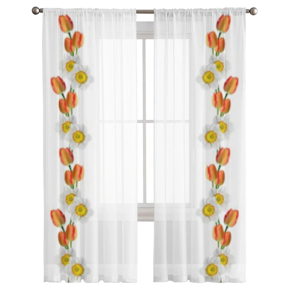 Tulip Daisy Flowers Tulle Curtain For Living Room Sheer Valance Curtain For Kitchen Bedroom Window Drapes