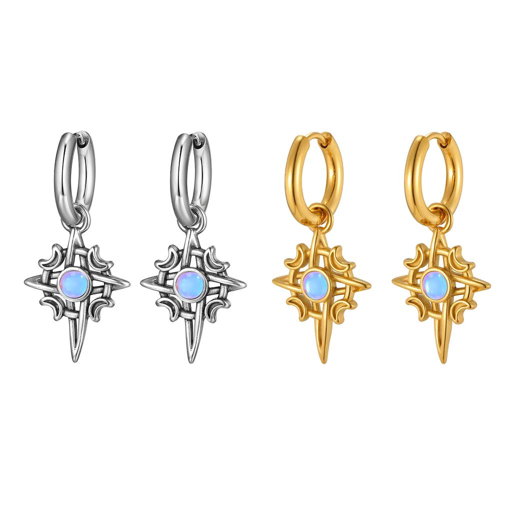Natural Stone Moonstone Hoop Earrings for Men, Stainless Steel Star Moon Pendant Earring, Fashion Hiphop Jewelry Gift Waterproof